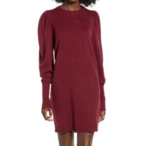 WAYF Small Burgundy Long Sleeve Sweater Dress Crewneck Maroon Mini Dress Puff